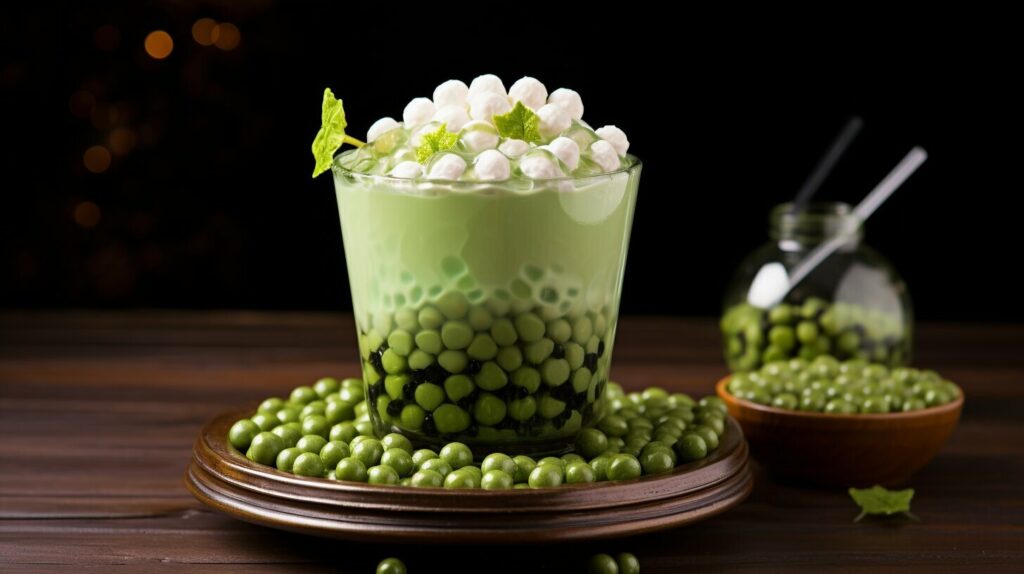 green tea boba tea and tapioca pearls
