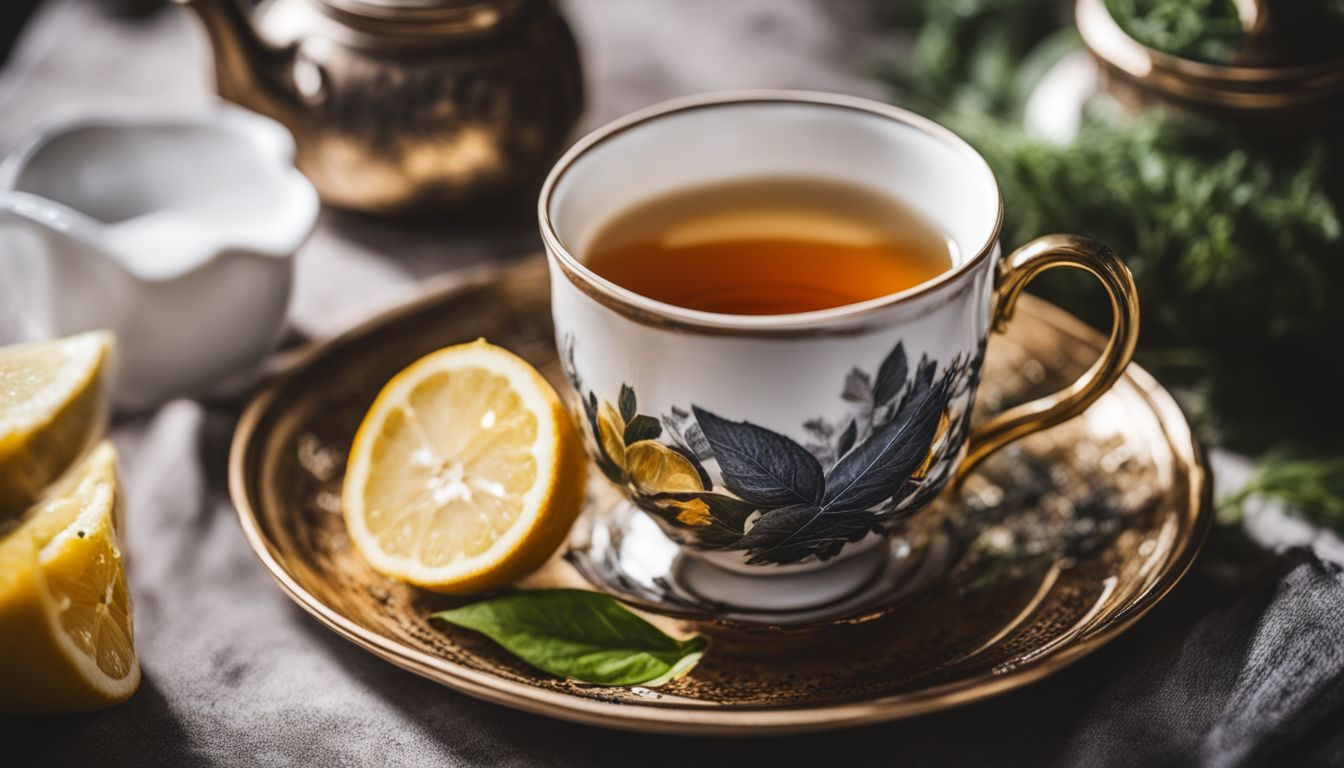 A close-up still life photo of a teacup filled with Earl Grey tea, surrounded by fresh bergamot fruit and loose tea leaves.