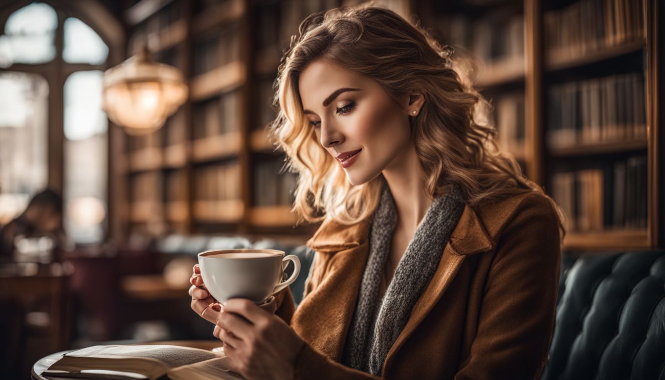 A woman enjoys tea in a cozy library with a city view.