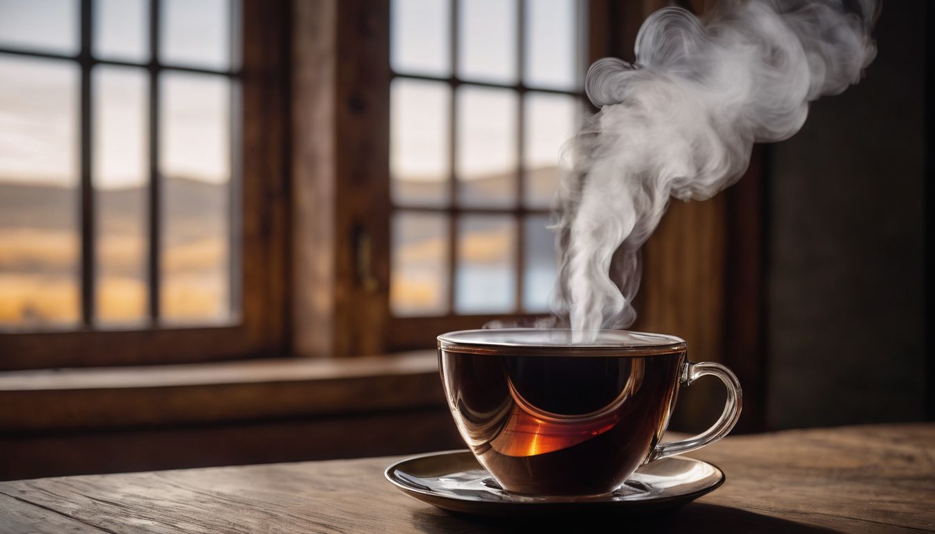 A photo of steam rising from a cup of Earl Grey tea in a cozy setting.