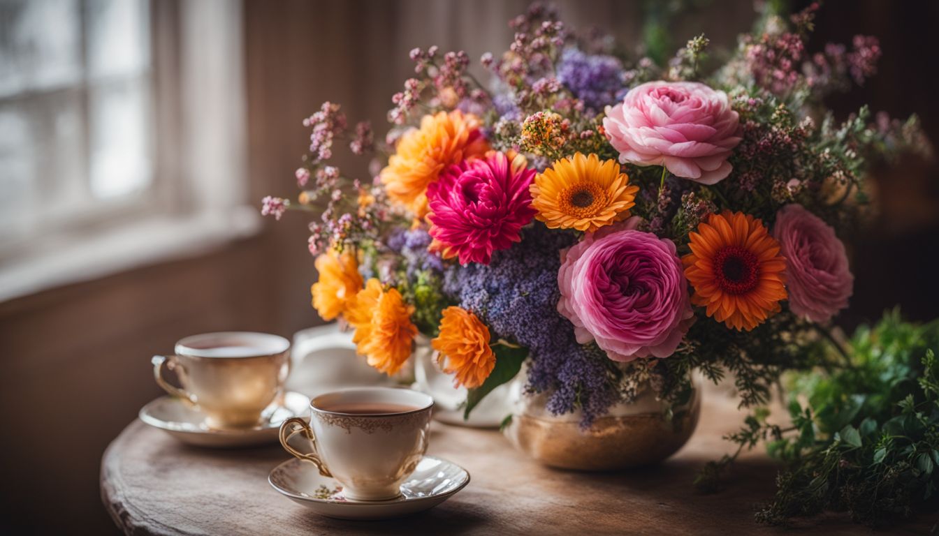 A beautiful bouquet of flowers with cups of tea.