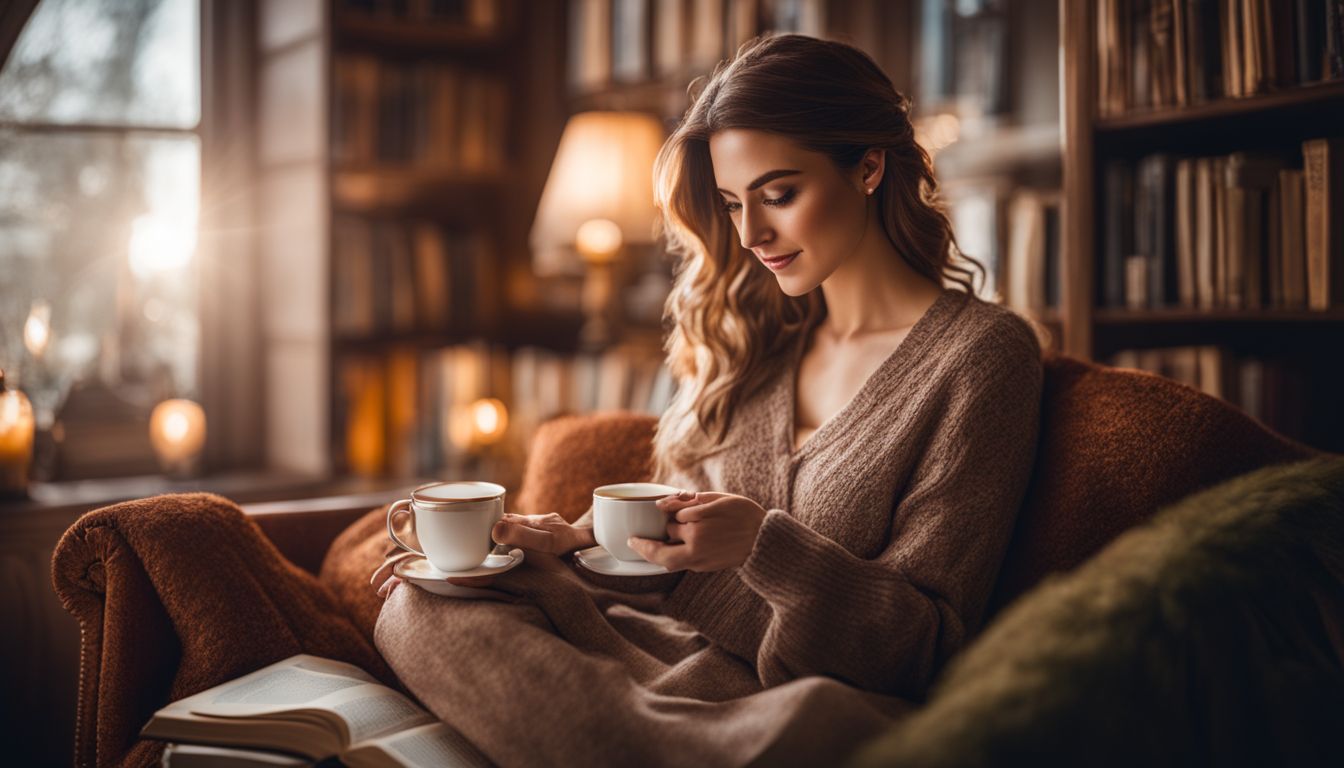 A woman enjoys a cup of Earl Grey tea in a cozy reading nook.