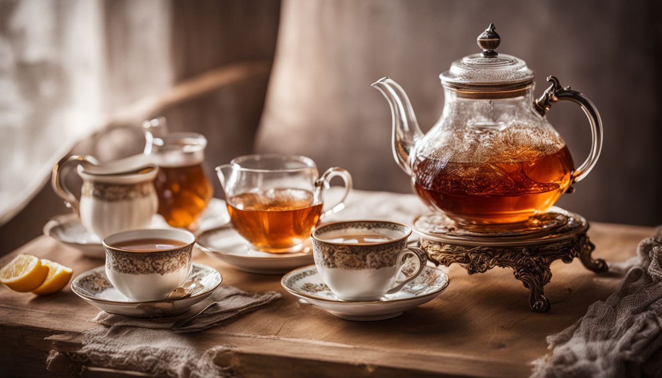 A vintage teapot pouring Earl Grey tea surrounded by an elegant tea set.