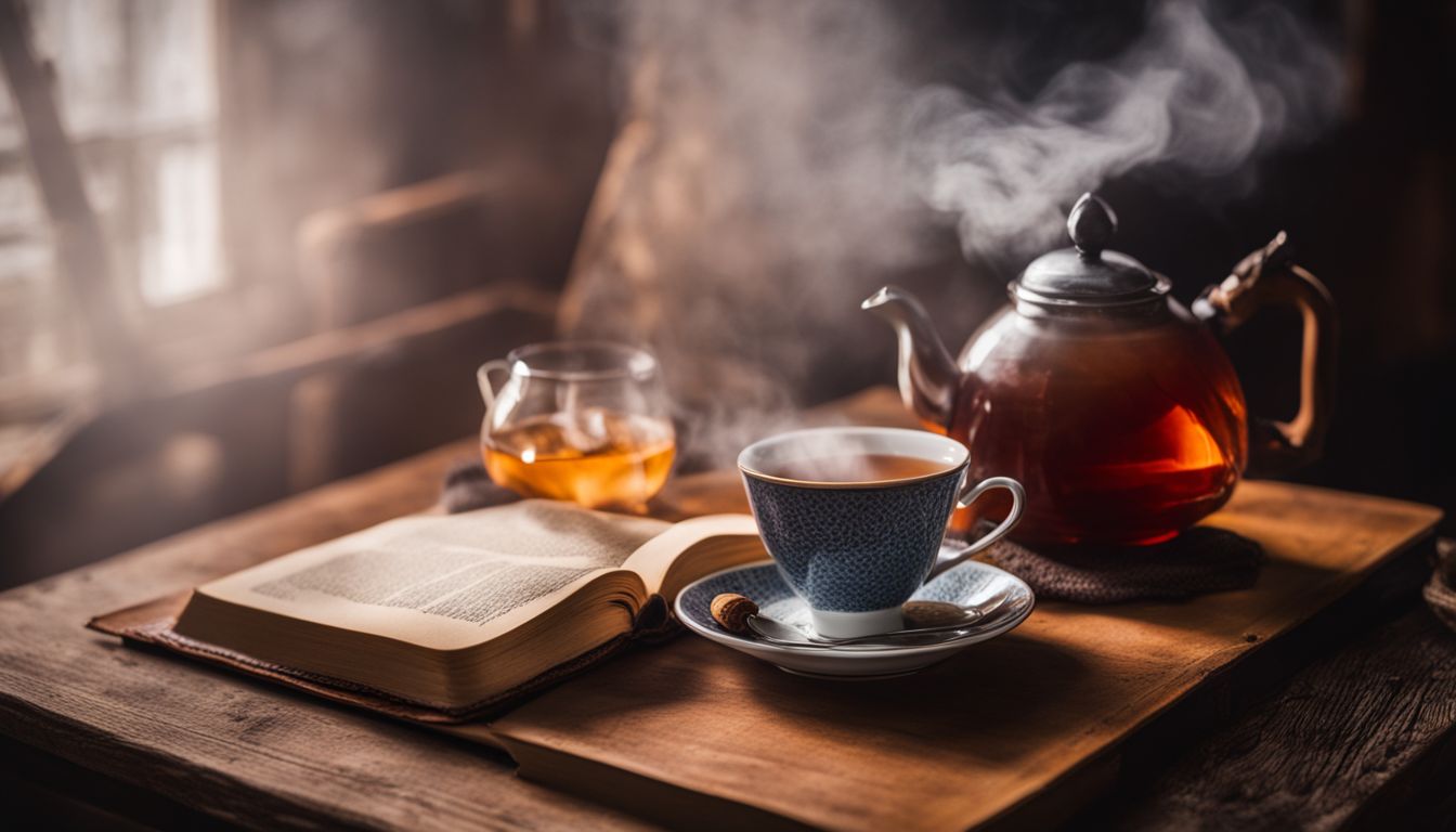 A photo of a steaming cup of Earl Grey tea on a cozy wooden table with a book and teapot in the background.