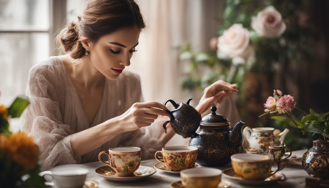 A woman pours tea surrounded by a variety of tea types.