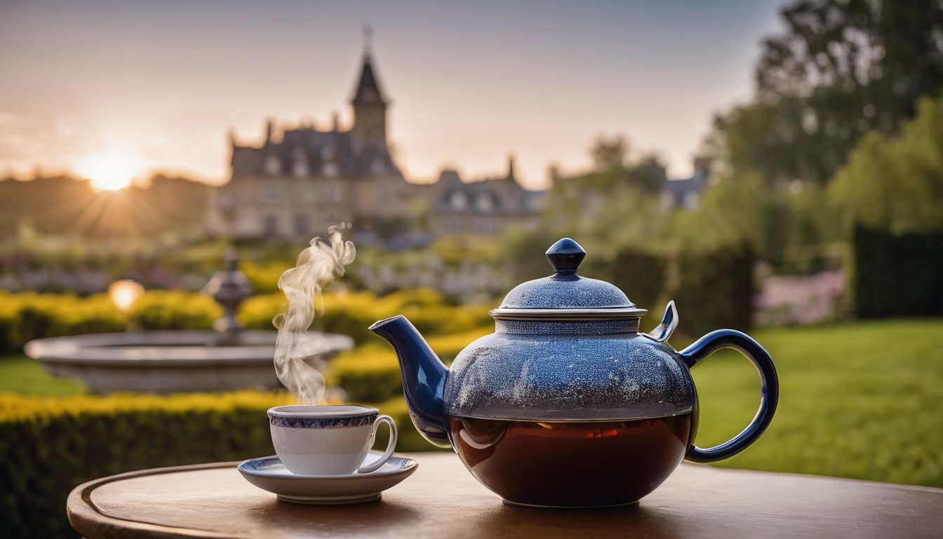 A close-up of a steaming cup of Earl Grey tea in a scenic garden with various people.